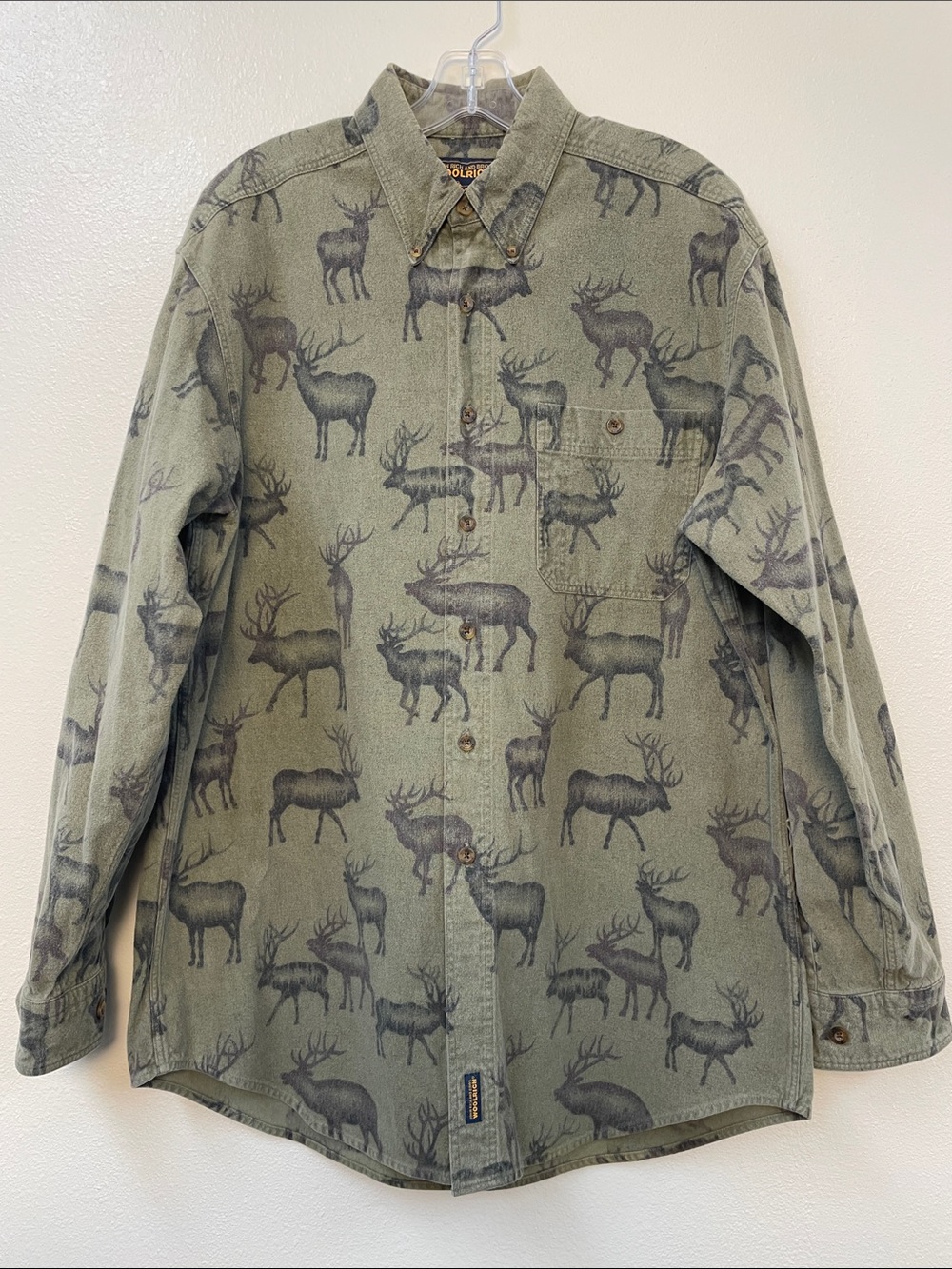 Vntg Woolrich Elk Deer Print Hunter Camo Button Cotton Flannel Shirt Shacket ML